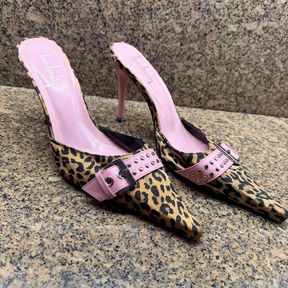 VTG Luichiny Mule Shoes Size 10 Leopard Pink Studded Buckle Stiletto Pointed Y2K